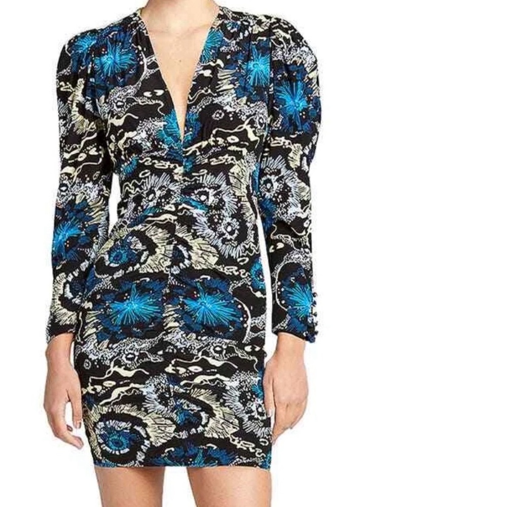 A.L.C. Silk Black and Blue Floral Long Sleeve Dress